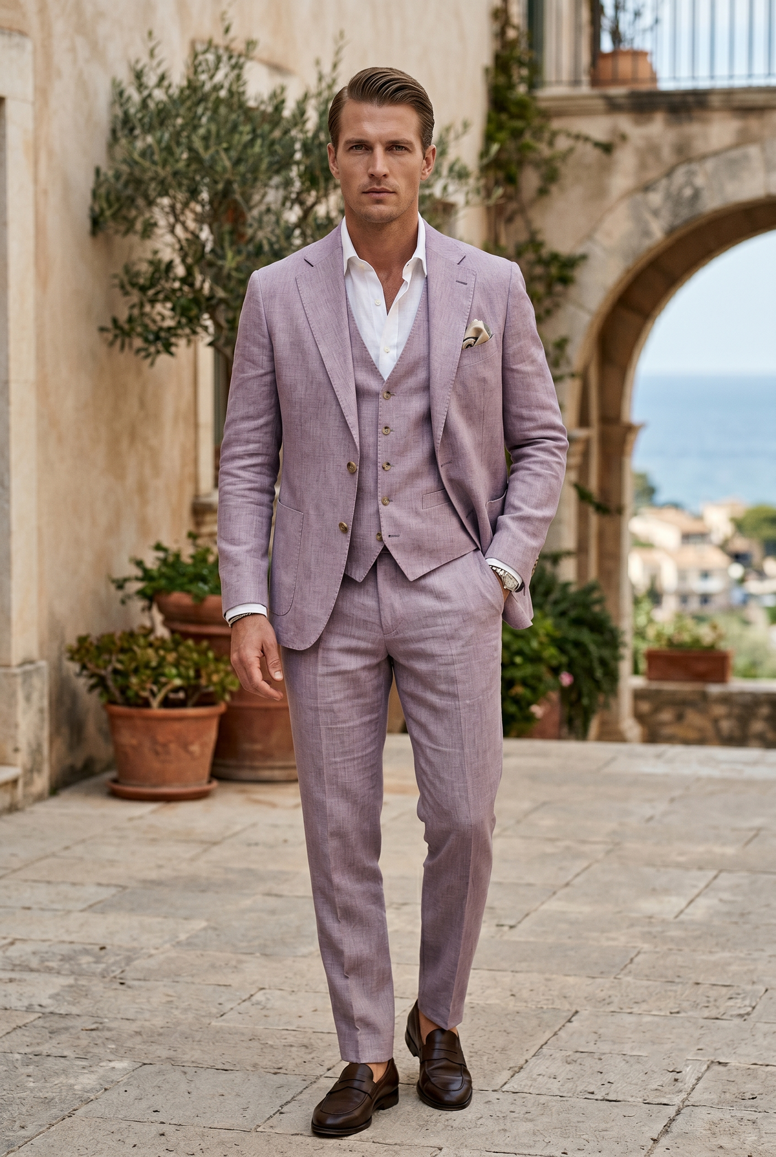 Men's Premium Lavender 3-Piece Linen Suit