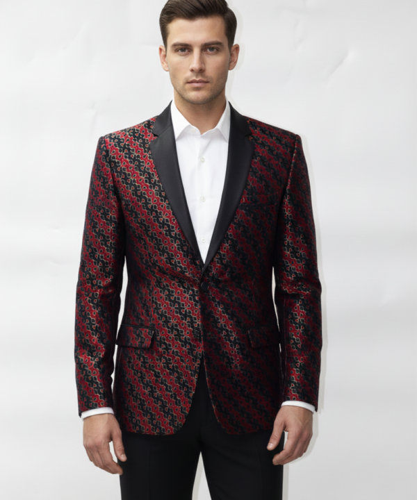 Men?s Luxury Jacquard Pattern Tuxedo Blazer ? Red & Black Statement Jacket