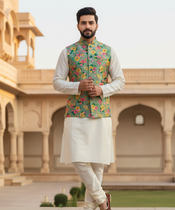 Men?s Pastel Green Floral Nehru Jacket with Ivory Kurta Pajama ? Festive Ethnic Wear