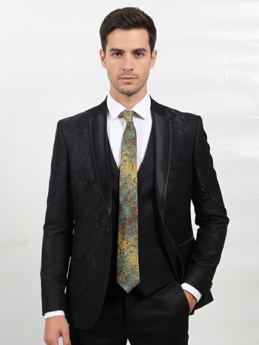 Blue Art Silk Tie with Golden & Red Patch Work - Image 4