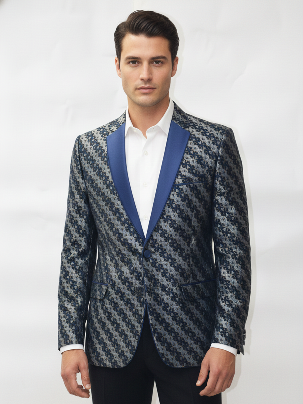Men?s Premium Jacquard Tuxedo Blazer ? Navy Lapel Statement Jacket