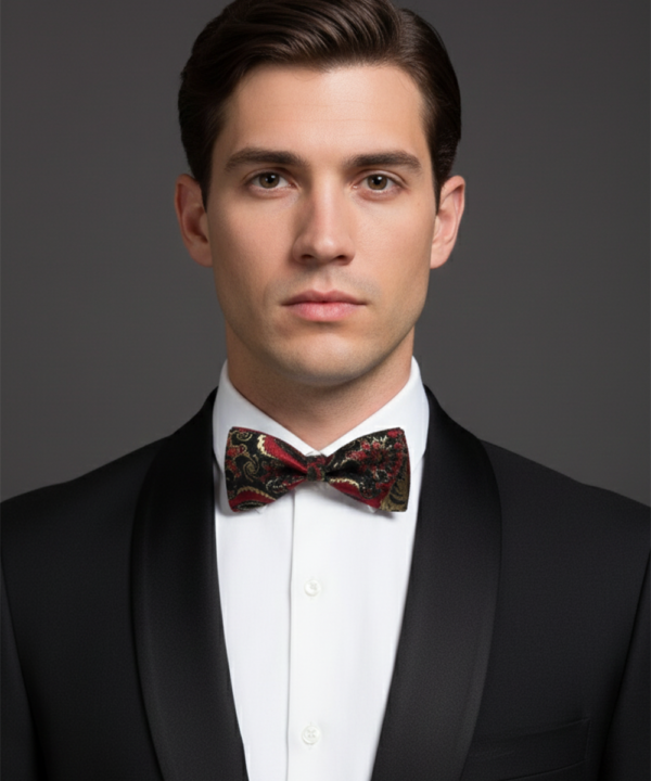 Black Bow Tie with Red & Golden Embroidered Work ? Premium Ethnic Party Wear