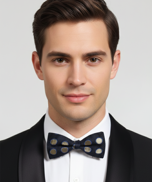 Elegant Blue Silk bow Tie with Golden Circle Pattern ? Classic Formal Wear Accessory