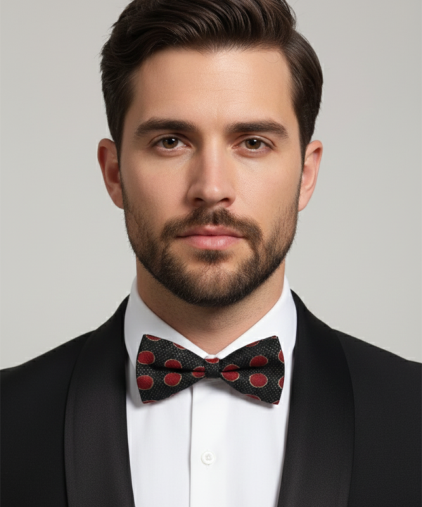 Classic Black Silk bow Tie with Red Circle Pattern ? Formal Men?s Accessory