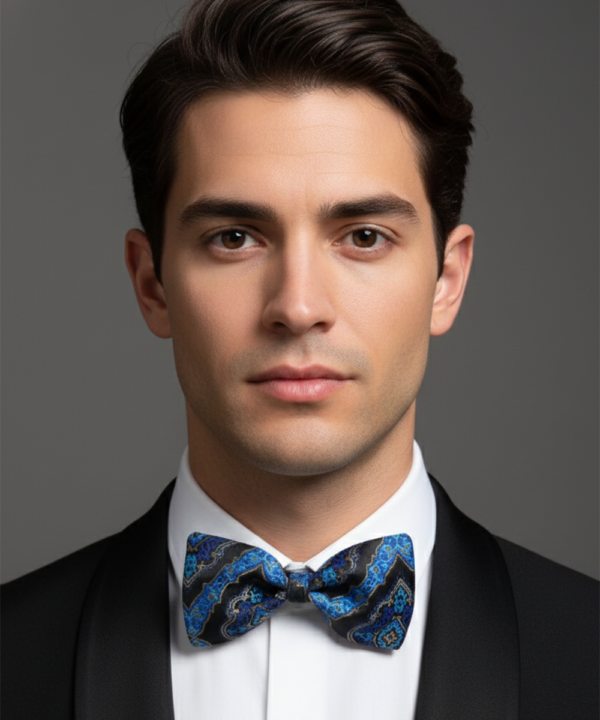 Celestial Sophistication: The Sky Blue & Noir Patterned Bow Tie