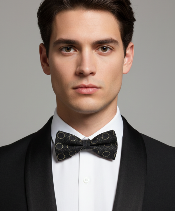 Elegant Black Silk Bow Tie with Golden Circle Outline ? Formal Men?s Accessory