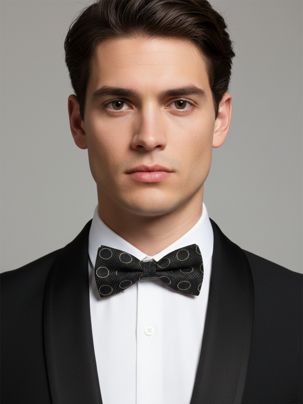 Elegant Black Silk Bow Tie with Golden Circle Outline ? Formal Men?s Accessory