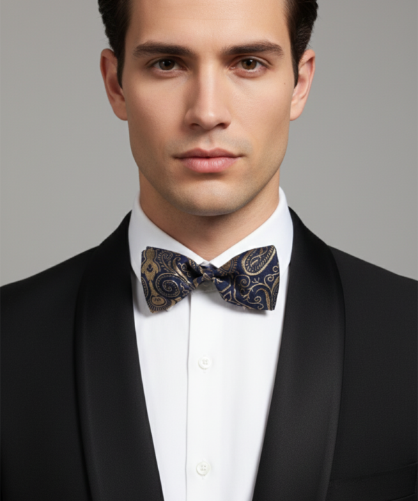 Elegant Blue Silk Bow Tie with Golden Work ? Formal Men?s Accessory