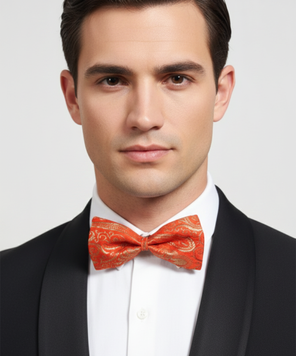 Vibrant Orange Silk Bow Tie with Golden Work ? Formal Men?s Accessory