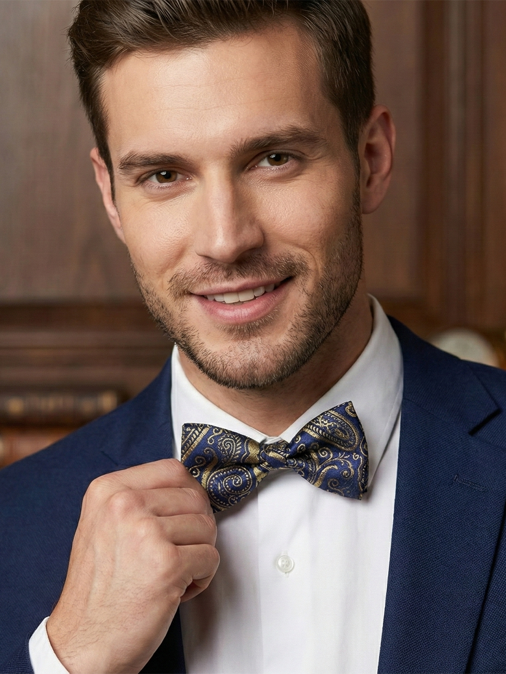 Classic Navy & Gold Paisley Bow Tie ? Elegant Formal Accessory - Image 2