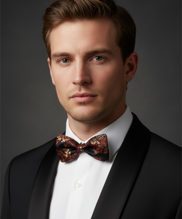 The Midnight Merlot: Maroon & Rose Gold Embroidered Bow Tie