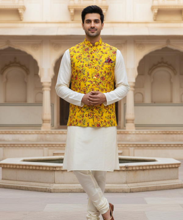 Men?s Yellow Floral Printed Nehru Jacket with Ivory Kurta Pajama ? Festive & Wedding Wear Set