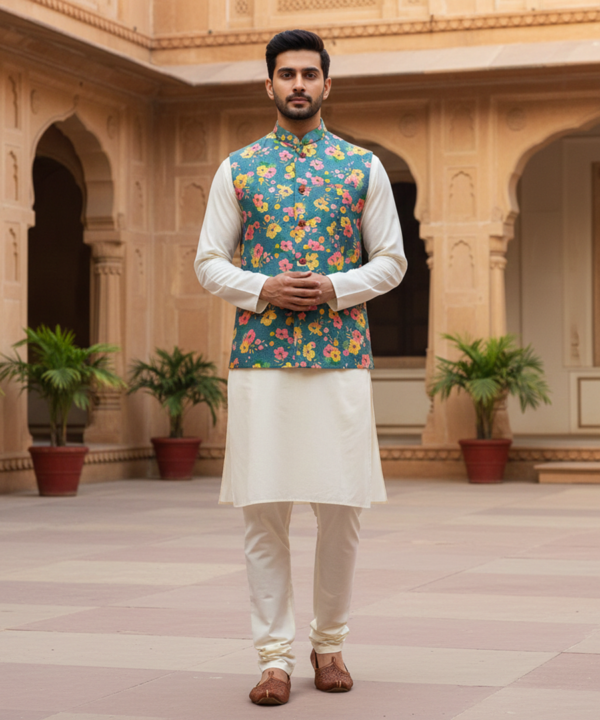 Men?s Teal Floral Printed Nehru Jacket with Ivory Kurta Pajama ? Festive & Wedding Wear