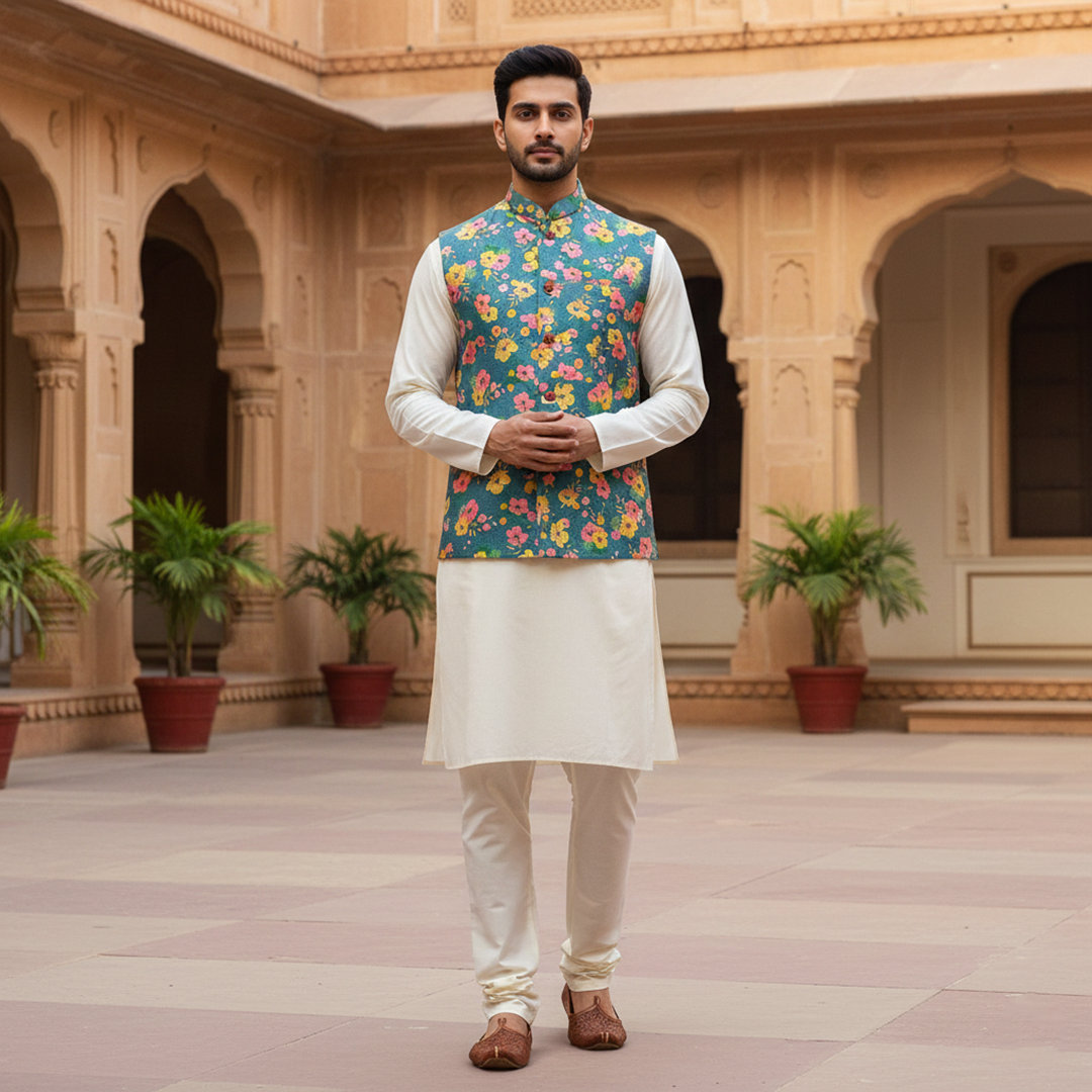 Men?s Teal Floral Printed Nehru Jacket with Ivory Kurta Pajama ? Festive & Wedding Wear