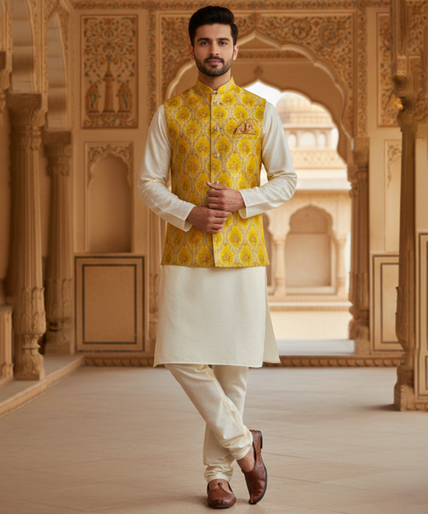 Men?s Yellow Jacquard Nehru Jacket with Ivory Kurta Pajama ? Festive & Wedding Wear