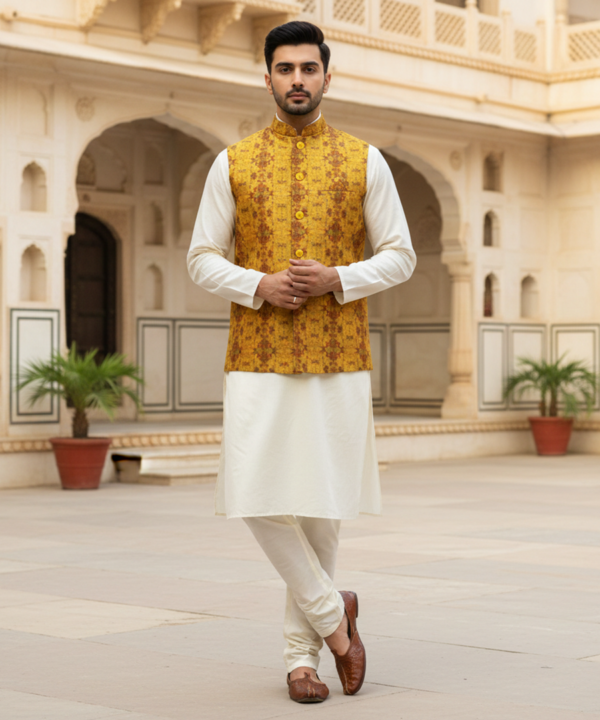 Men?s Mustard Textured Nehru Jacket with Ivory Kurta Pajama ? Festive & Wedding Wear