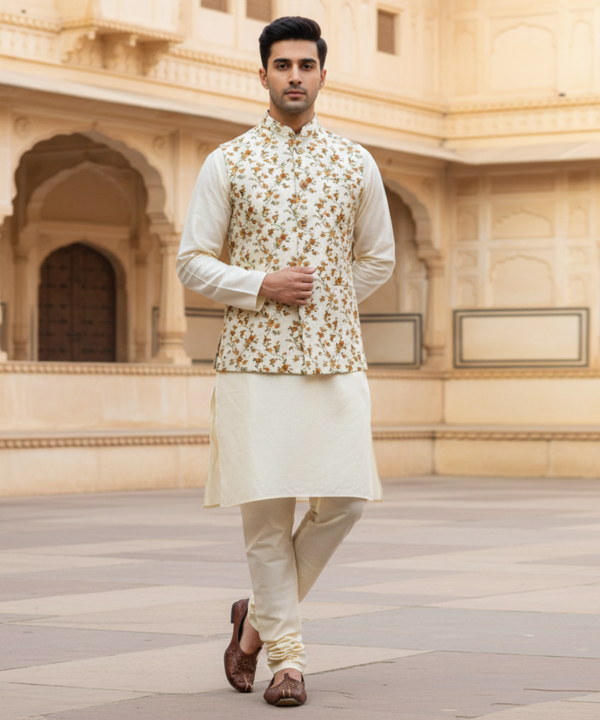 Men?s Ivory Floral Nehru Jacket with Kurta Pajama ? Elegant Festive Wear
