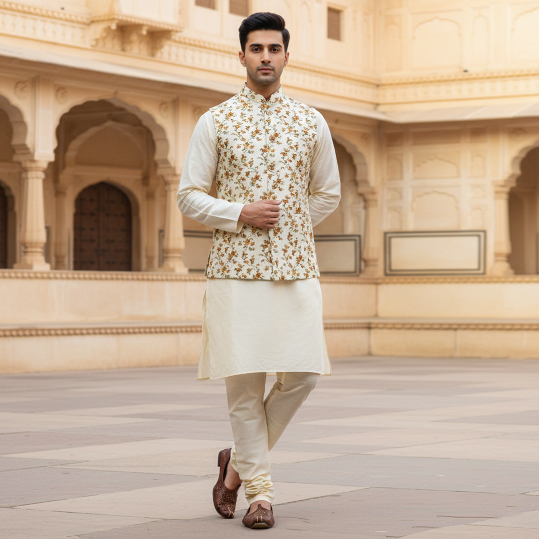 Men?s Ivory Floral Nehru Jacket with Kurta Pajama ? Elegant Festive Wear