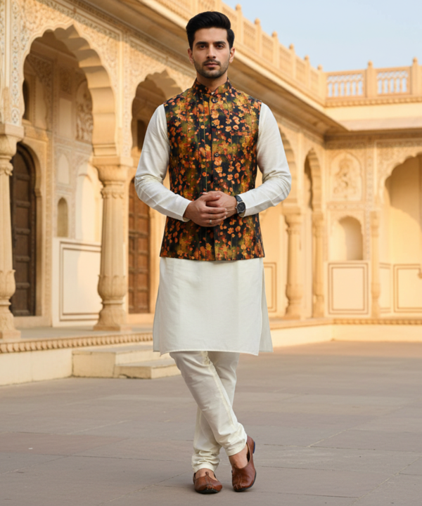 Men?s Dark Floral Nehru Jacket with Ivory Kurta Pajama ? Contemporary Festive Wear