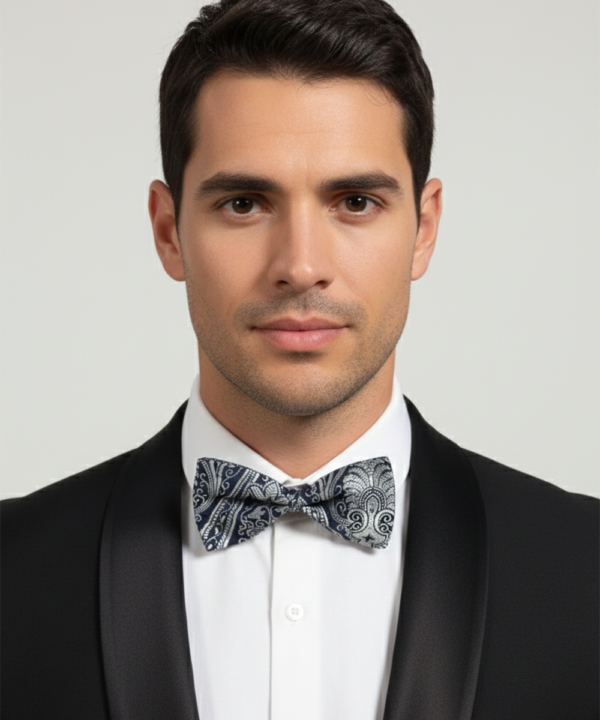 The Monochrome Muse: Art-Deco Black-Stitched White Bow Tie
