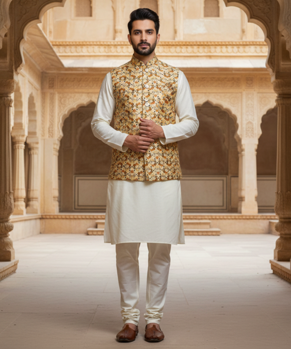 Men?s Floral Print Nehru Jacket with Ivory Kurta Pajama ? Elegant Festive Ensemble