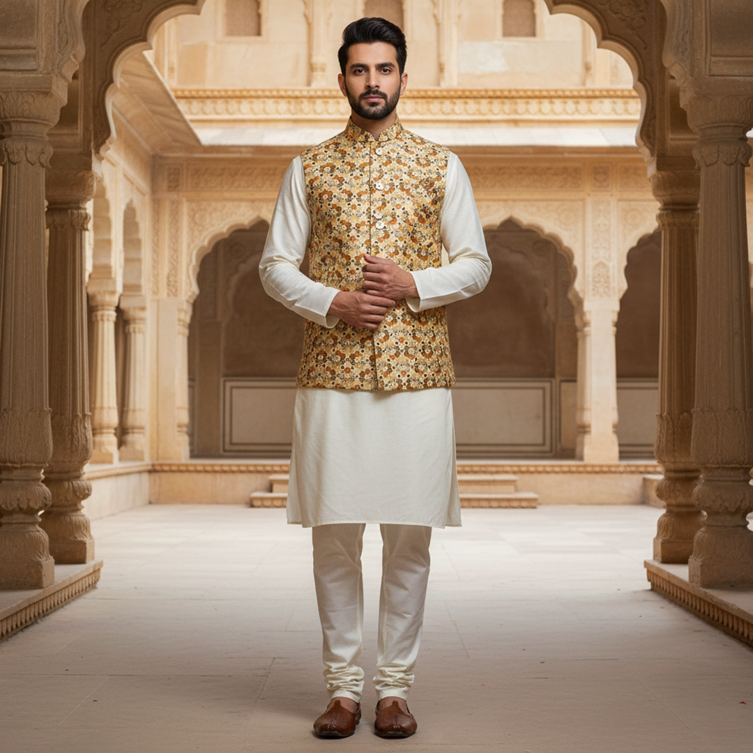 Men?s Floral Print Nehru Jacket with Ivory Kurta Pajama ? Elegant Festive Ensemble