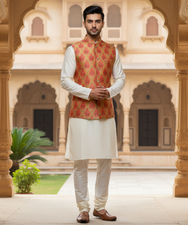 Men?s Red & Gold Patterned Nehru Jacket with Ivory Kurta Pajama ? Royal Festive Wear