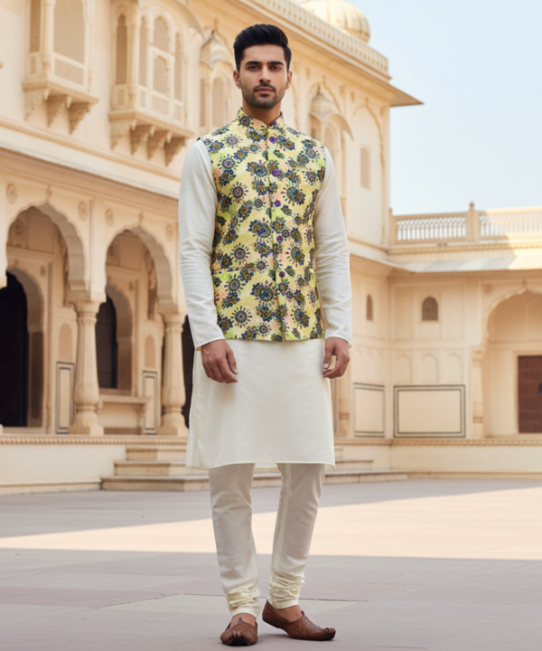Men?s Yellow Floral Nehru Jacket with Ivory Kurta Pajama ? Elegant Festive Ethnic Wear