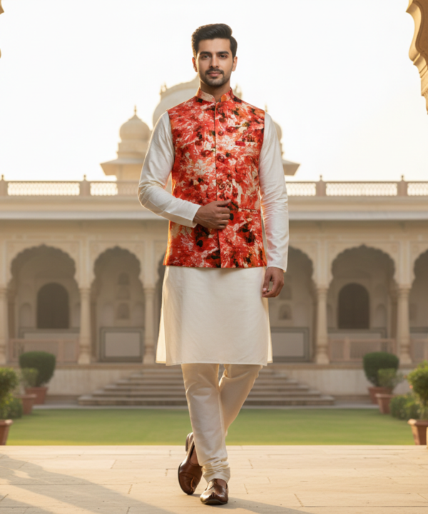 Men?s Red Floral Nehru Jacket with Ivory Kurta Pajama ? Festive Wedding Ethnic Wear