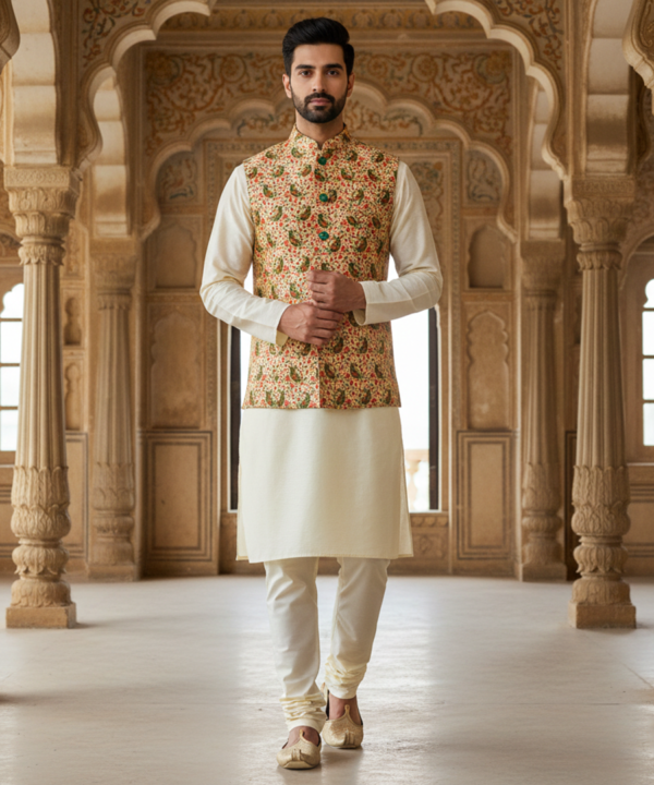 Men?s Floral Nehru Jacket with Ivory Kurta Pajama ? Elegant Festive & Wedding Wear