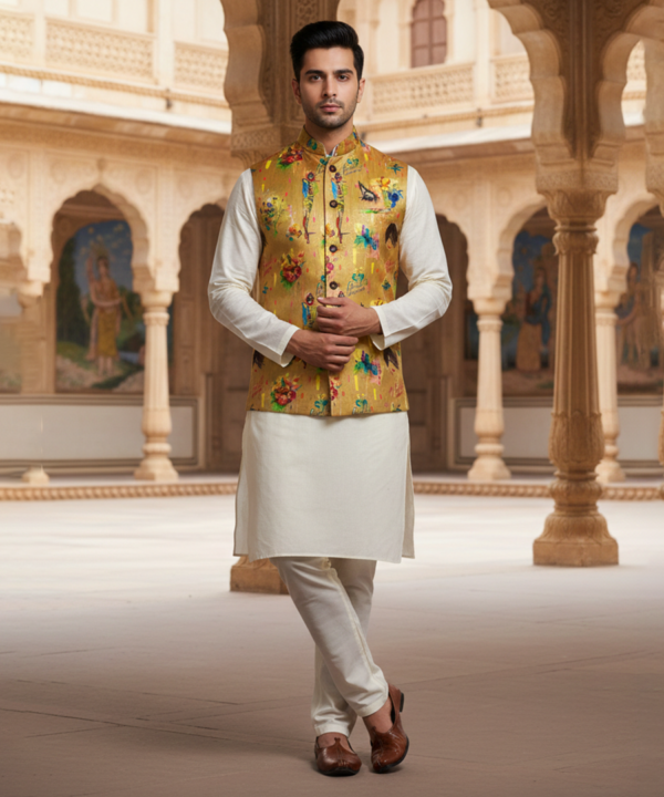 Men?s Mustard Printed Nehru Jacket with Ivory Kurta Pajama ? Contemporary Festive Wear