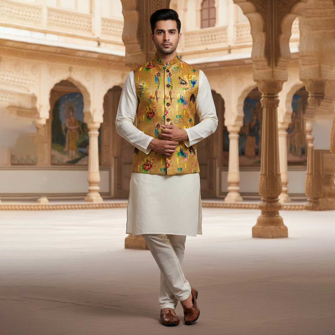Men?s Mustard Printed Nehru Jacket with Ivory Kurta Pajama ? Contemporary Festive Wear