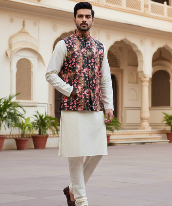 Men?s Black Floral Printed Nehru Jacket with Ivory Kurta Pajama ? Elegant Festive Ensemble