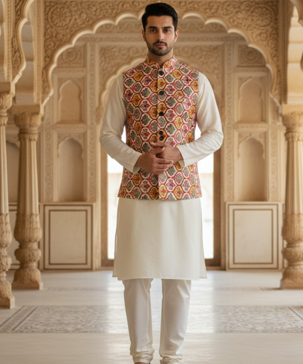 Men?s Multicolor Heritage Print Nehru Jacket with Ivory Kurta Pajama ? Festive Ethnic Wear