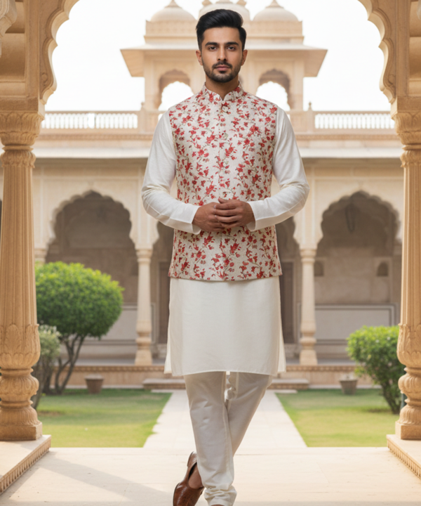 Men?s Ivory Floral Print Nehru Jacket with Kurta Pajama ? Elegant Festive Wear
