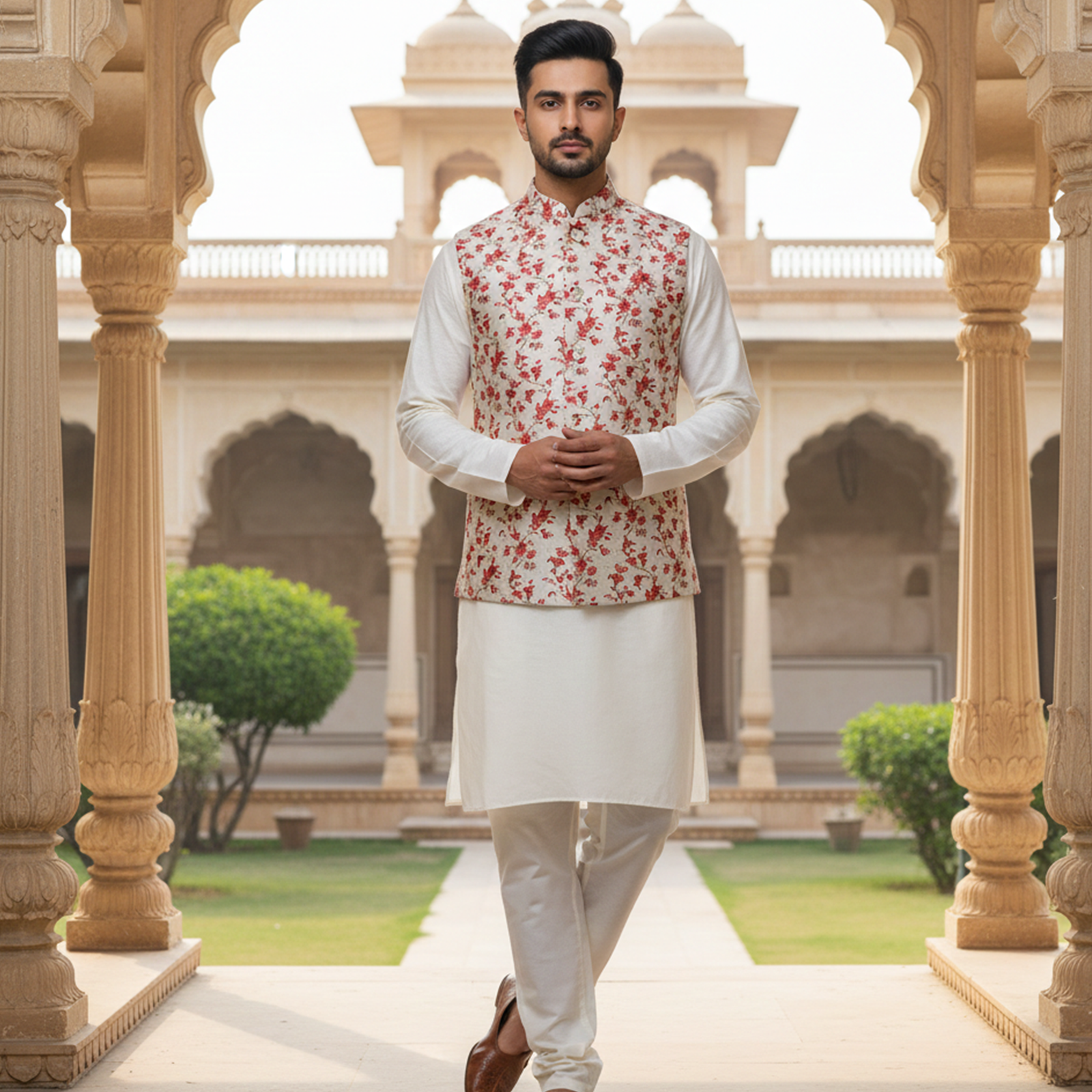 Men?s Ivory Floral Print Nehru Jacket with Kurta Pajama ? Elegant Festive Wear