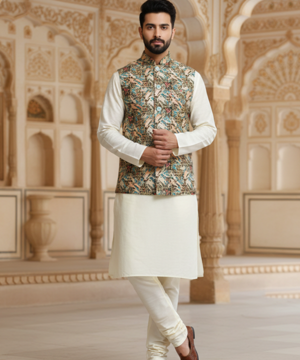 Men?s Multicolor Heritage Print Nehru Jacket with Ivory Kurta Pajama ? Festive Elegance