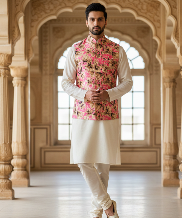 Men?s Pink Floral Print Nehru Jacket with Ivory Kurta Pajama ? Festive Ethnic Ensemble