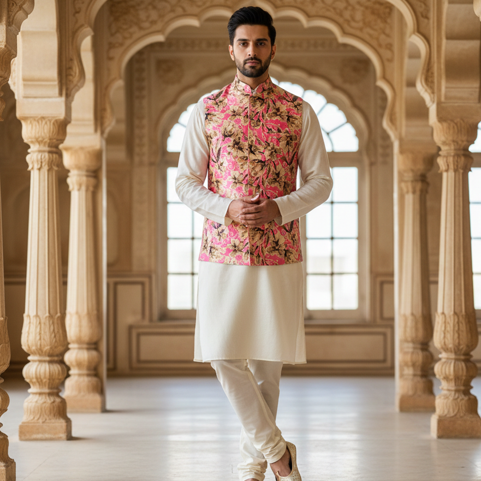 Men?s Pink Floral Print Nehru Jacket with Ivory Kurta Pajama ? Festive Ethnic Ensemble