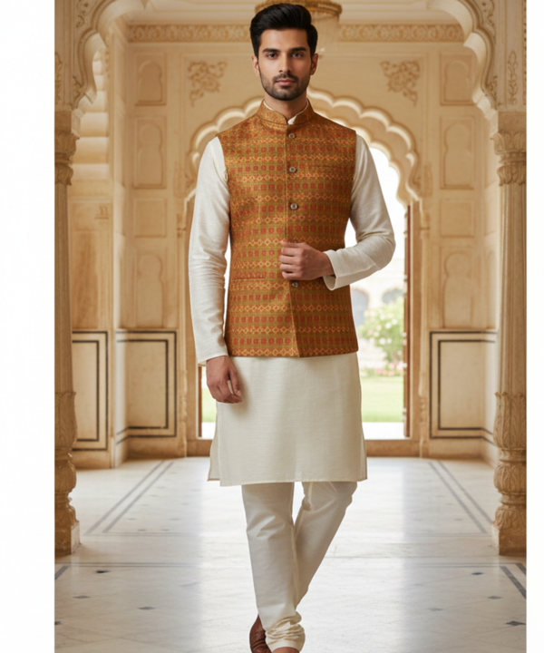 Men?s Rust & Gold Patterned Nehru Jacket with Ivory Kurta Pajama ? Classic Festive Wear