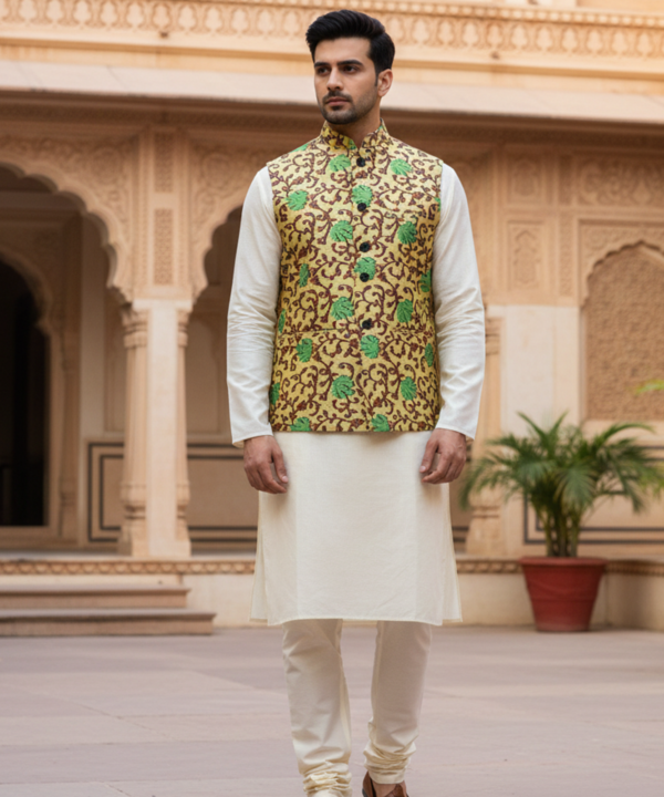 Men?s Mustard & Green Floral Nehru Jacket with Ivory Kurta Pajama ? Festive Ethnic Ensemble