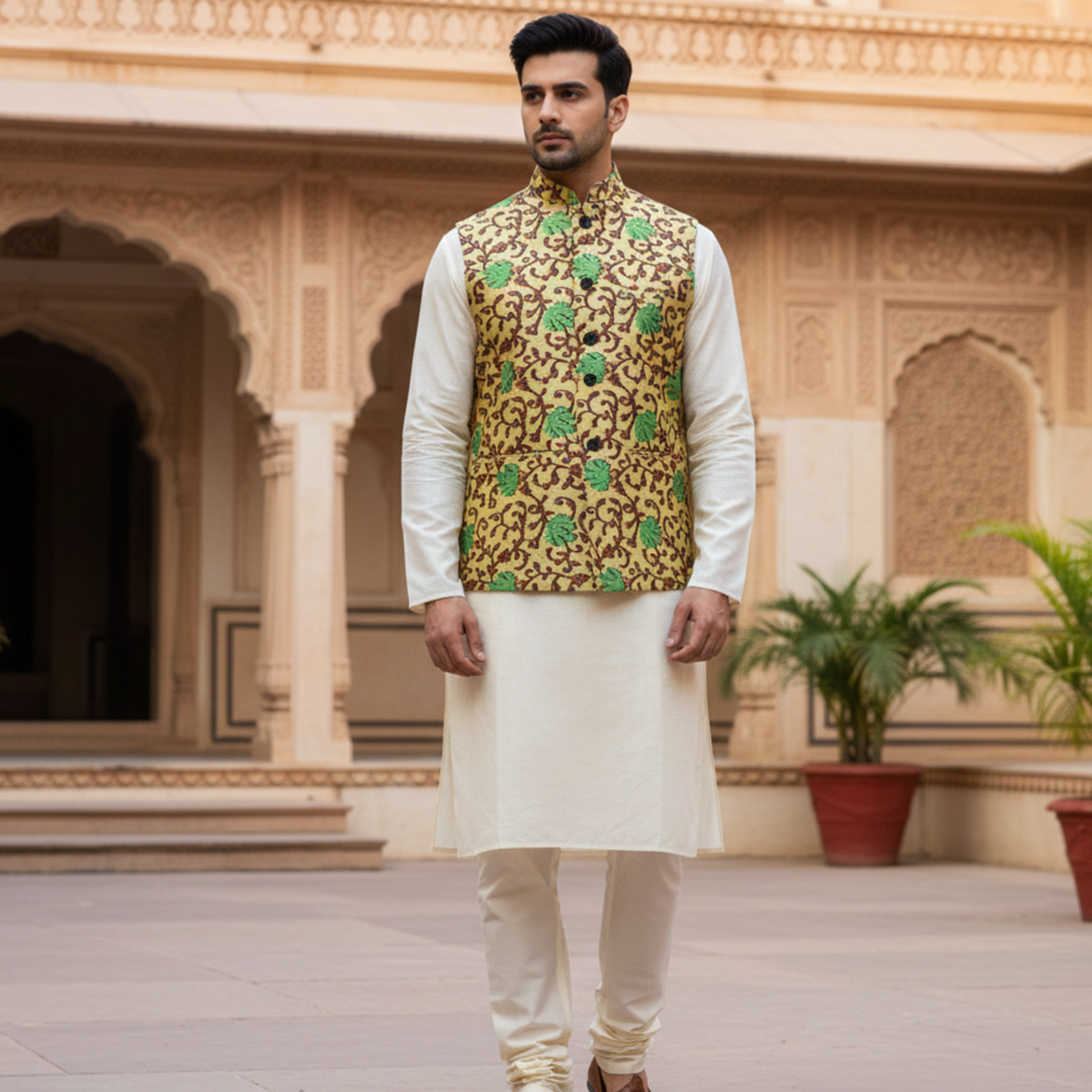 Men?s Mustard & Green Floral Nehru Jacket with Ivory Kurta Pajama ? Festive Ethnic Ensemble