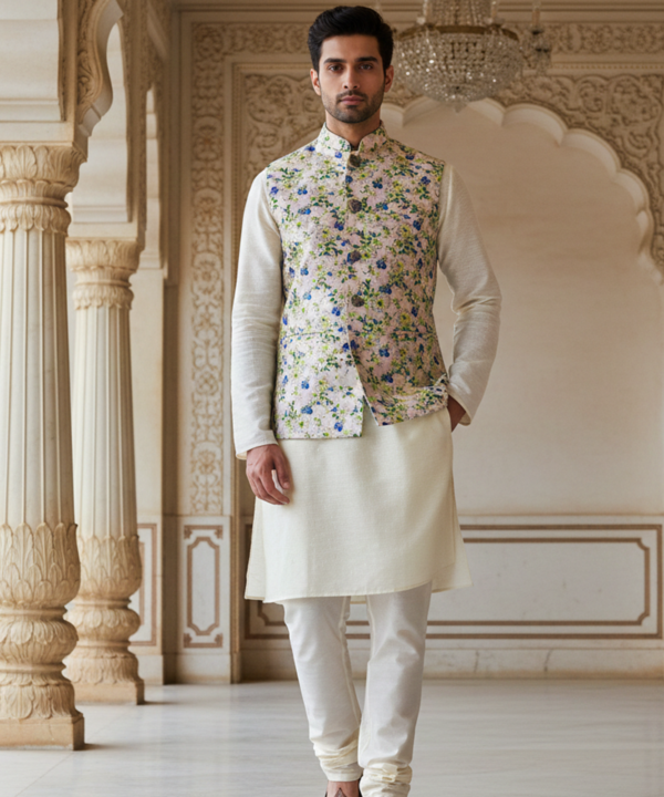 Men?s Pastel Floral Nehru Jacket with Ivory Kurta Pajama ? Elegant Festive Wear Set