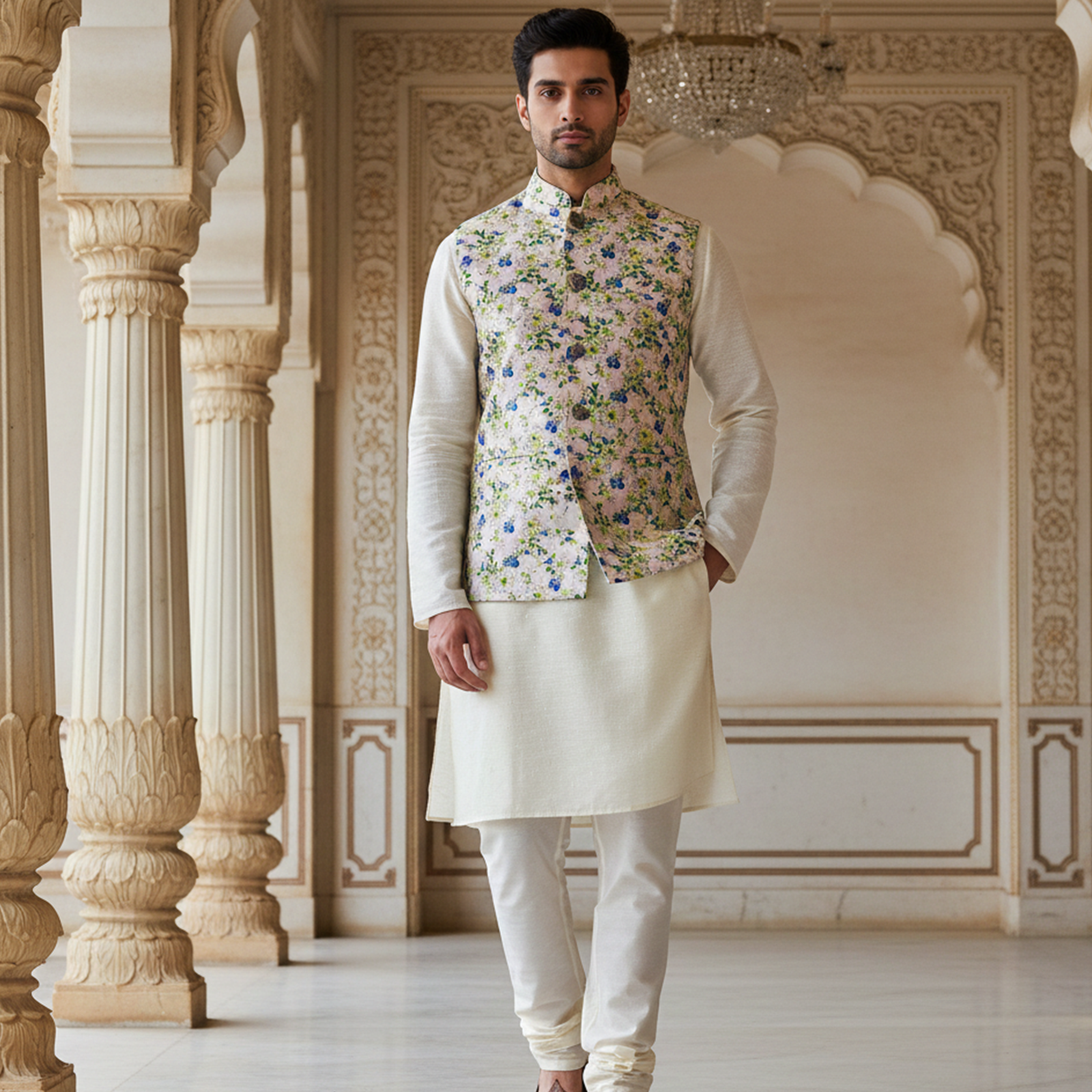 Men?s Pastel Floral Nehru Jacket with Ivory Kurta Pajama ? Elegant Festive Wear Set