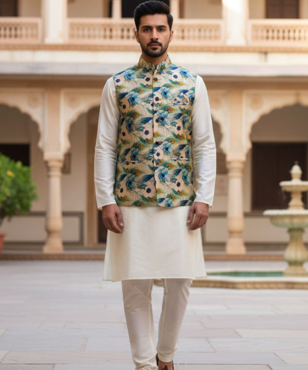 Men?s Teal Botanical Print Nehru Jacket with Ivory Kurta Pajama ? Contemporary Festive Ensemble