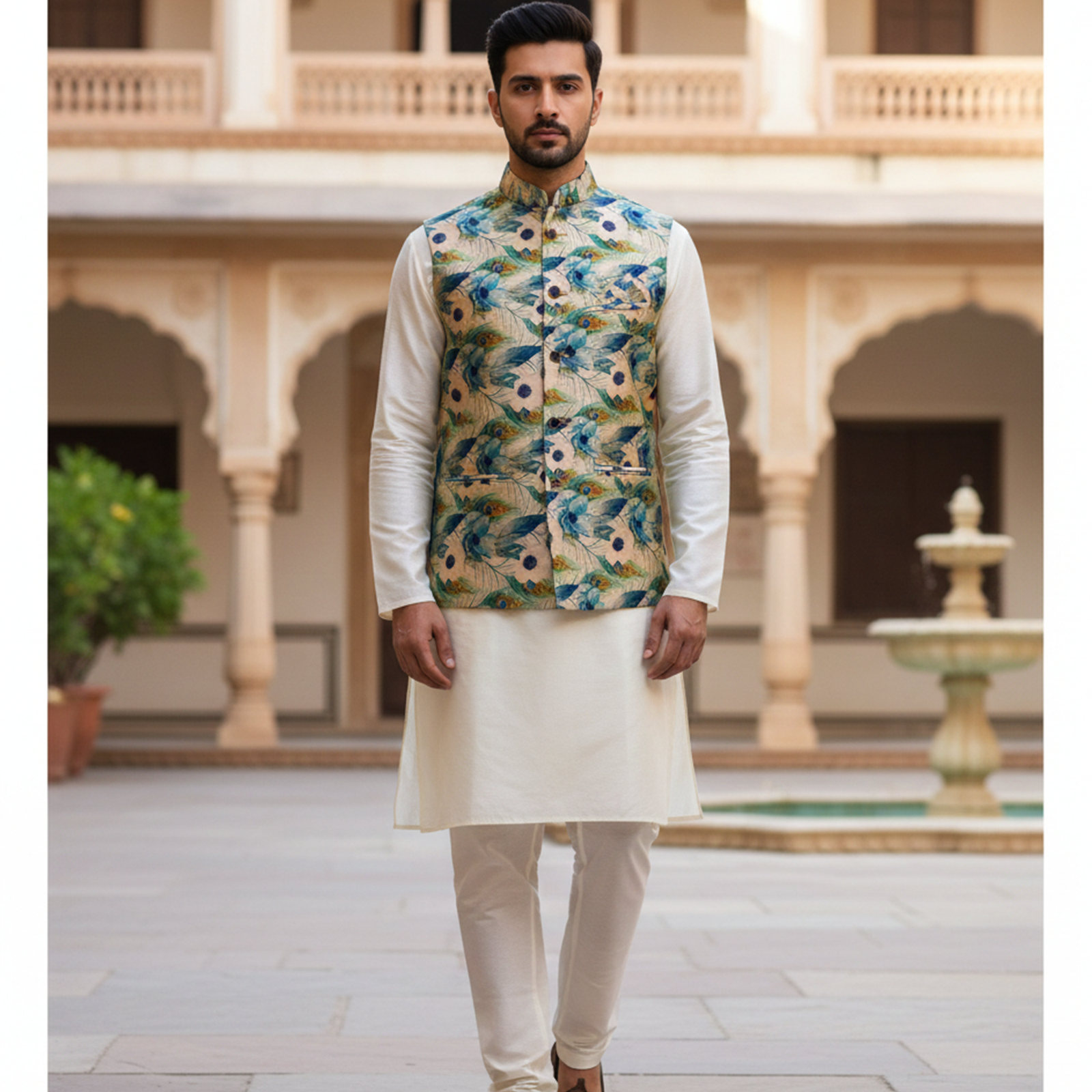Men?s Teal Botanical Print Nehru Jacket with Ivory Kurta Pajama ? Contemporary Festive Ensemble