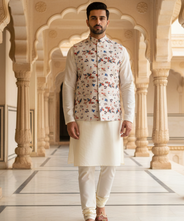 Men?s Ivory Floral Print Nehru Jacket with Classic Kurta Pajama ? Elegant Festive Wear