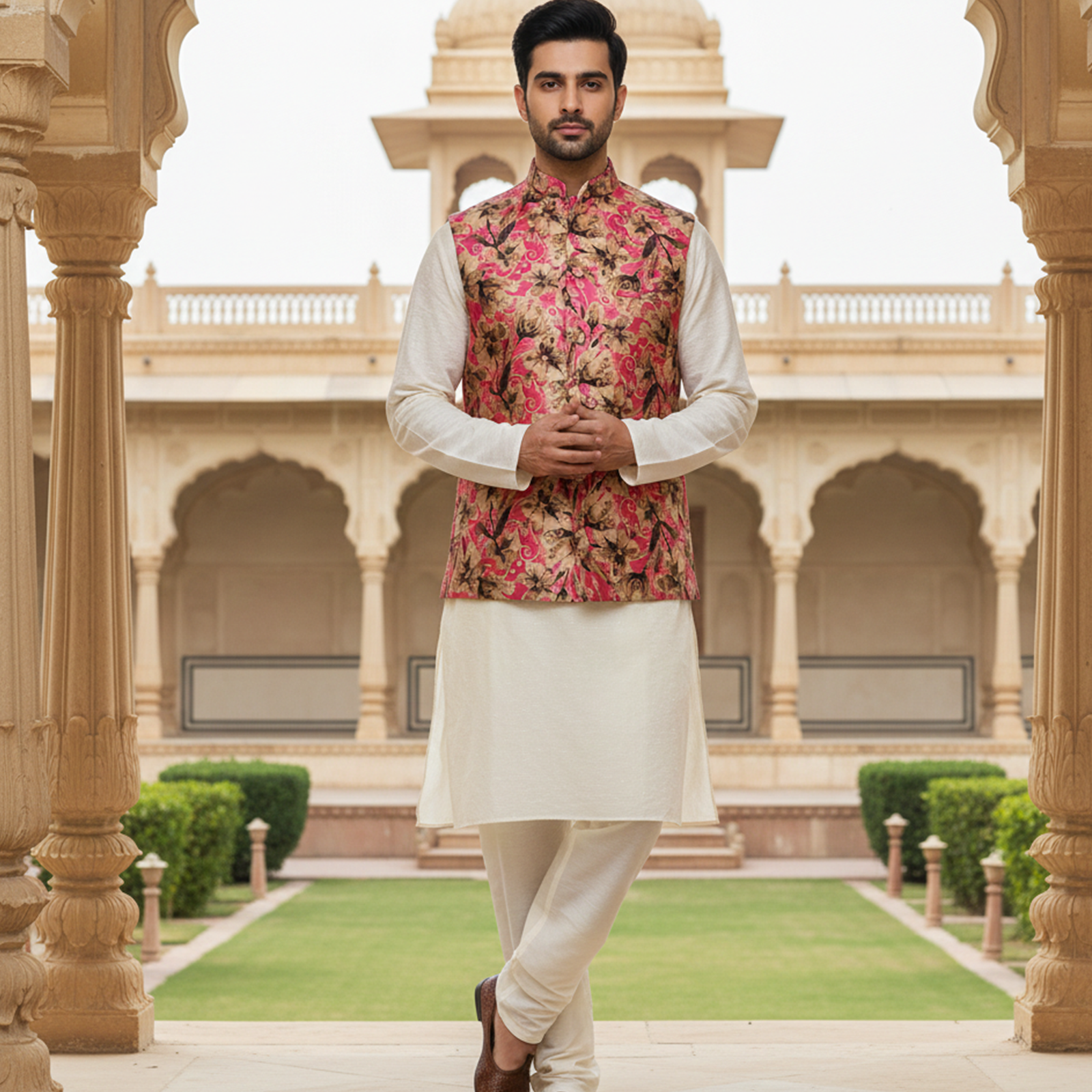 Men?s Pink Floral Nehru Jacket with Ivory Kurta Pajama ? Luxury Festive Ensemble