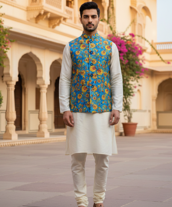 Men?s Royal Blue Floral Nehru Jacket with Ivory Kurta Pajama ? Festive Ethnic Wear