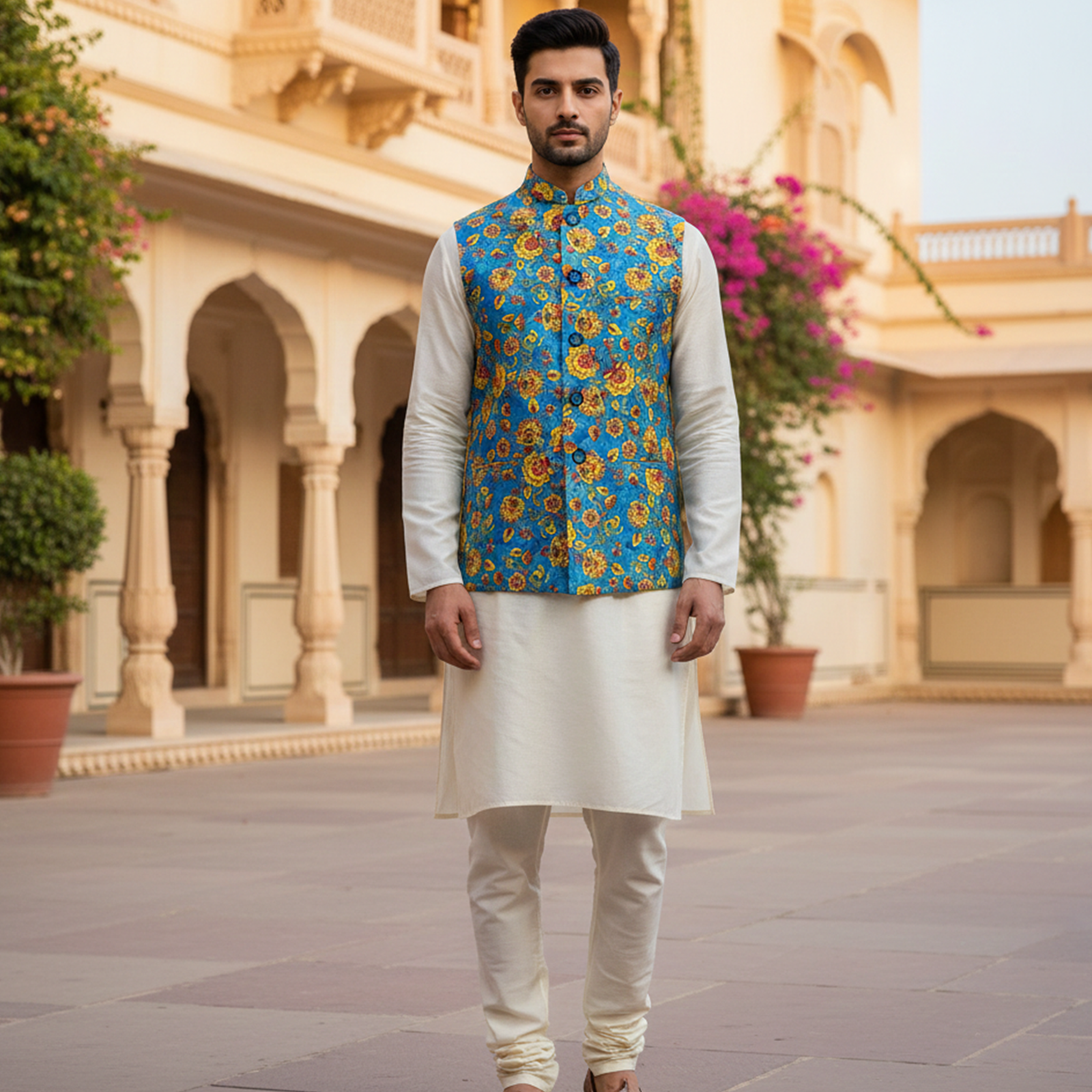 Men?s Royal Blue Floral Nehru Jacket with Ivory Kurta Pajama ? Festive Ethnic Wear